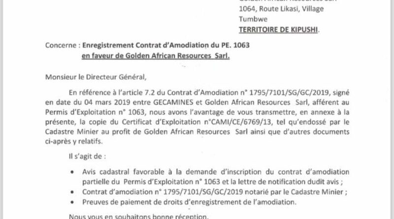 RDC : « Le contrat d’amodiation de la société Golden Ressources Africa avec la Gecamines sous menaces »( sonnette d’alarme à l’intention du magistrat suprême)